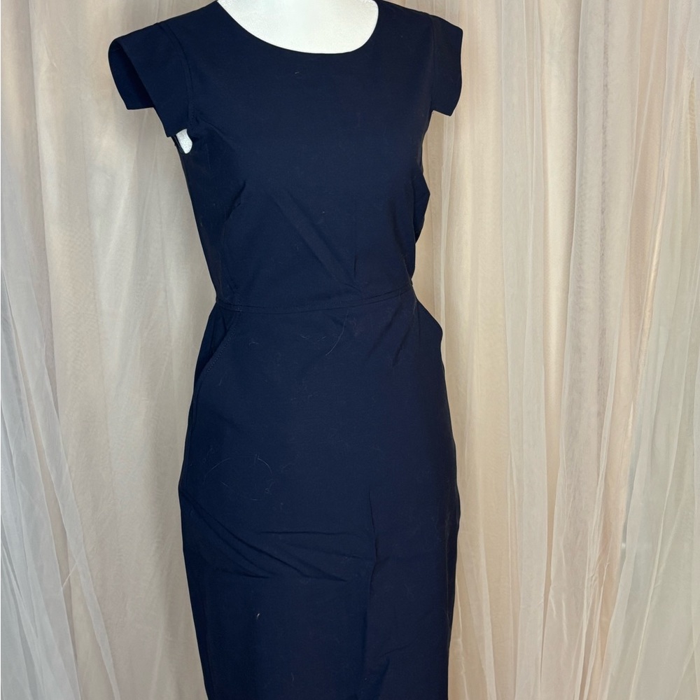J. Crew Blue Sheath Midi Dress Cap Sleeve Crew Neck